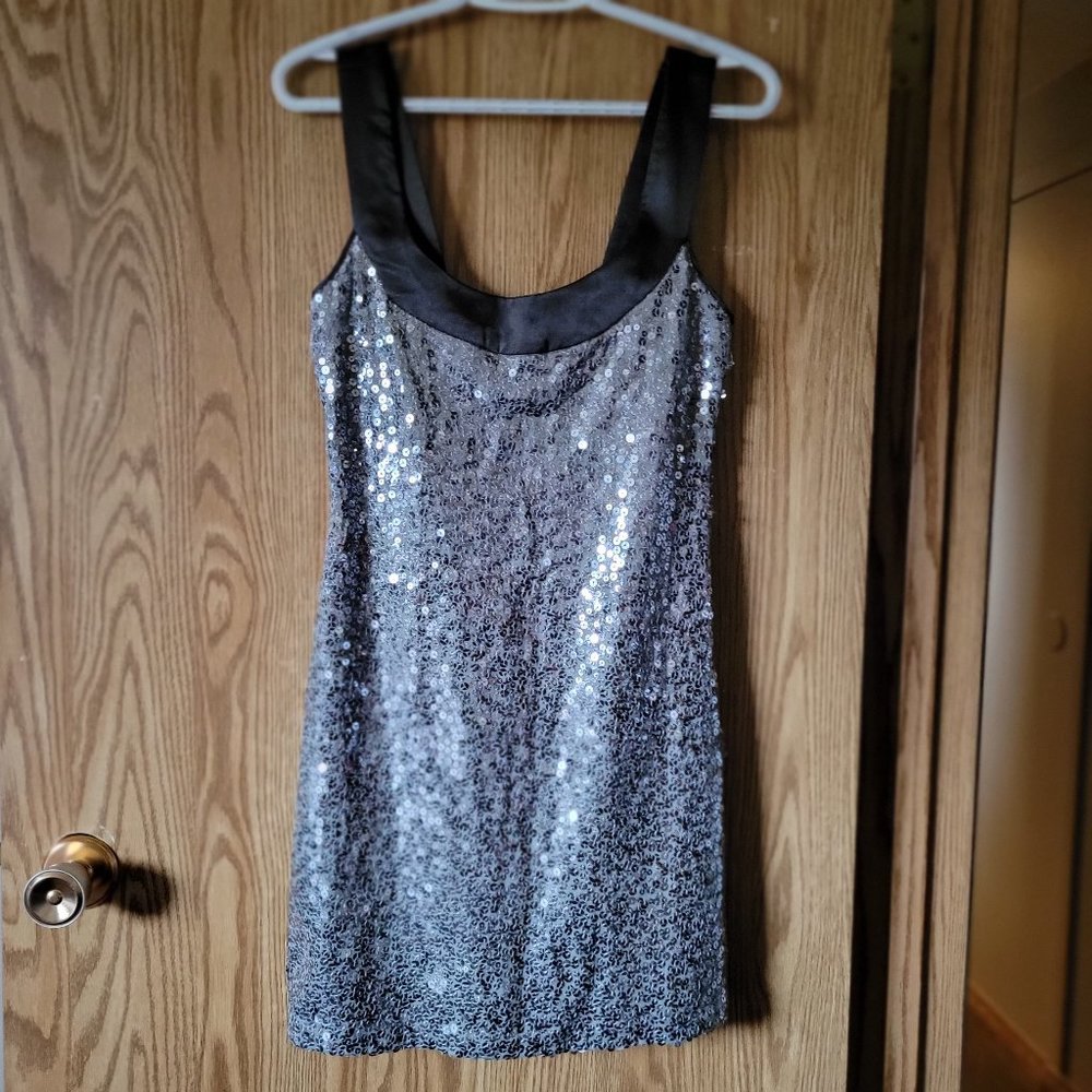 Silver Sequined, Black Trim Party Dress & Silver Party Shoes